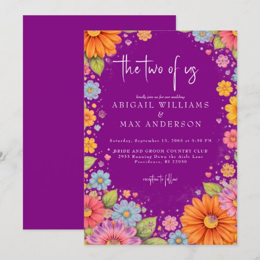 Invitation Mariage Fleuris Rétro Violet À Deux (Devant / Derrière)