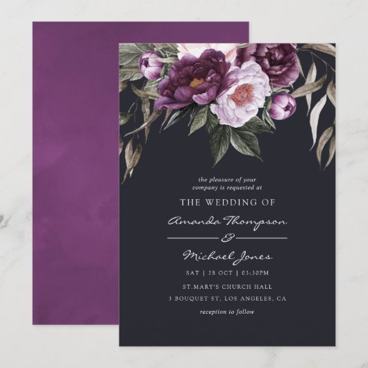 Invitation Mariage Fleuris Velours Profond (Devant / Derrière)