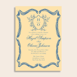 Invitation Mariage Fleuris Vintage Blason Dentelle Jaune