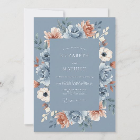 Invitation Mariage Fleurissant à la Pêche Bleue (Devant)