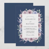 Invitation Mariage Fleurissant à la Rose Navy (Devant / Derrière)