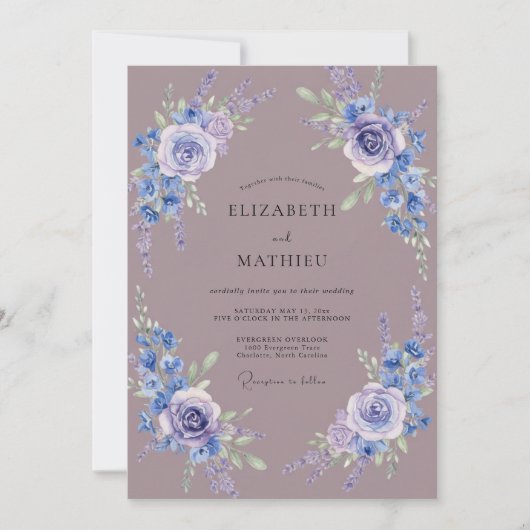Invitation Mariage Fleurissant Bleu Lavande (Devant)