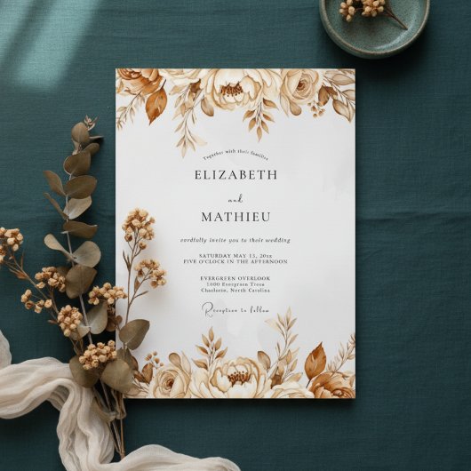 Invitation Mariage Fleurissant Botanique Brun