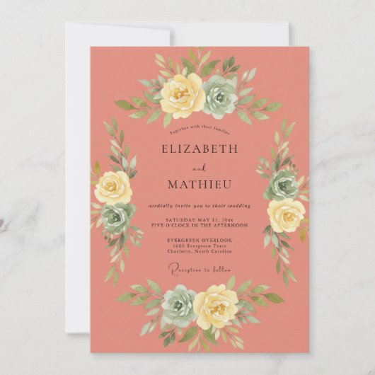 Invitation Mariage Fleurissant Botanique Douce Corail (Devant)