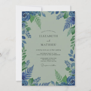 Invitation Mariage Fleurissant Feuille Bleue