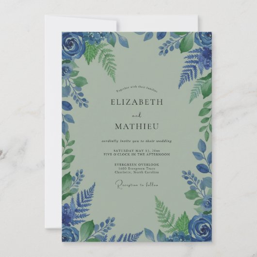Invitation Mariage Fleurissant Feuille Bleue (Devant)