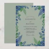 Invitation Mariage Fleurissant Feuille Bleue (Devant / Derrière)