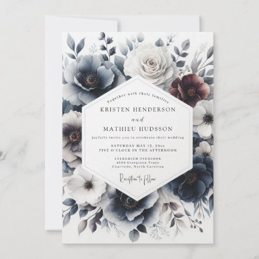 Invitation Mariage Fleurissant Indigo Hiver (Devant)