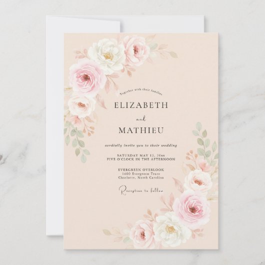 Invitation Mariage Fleurissant Rose Douce Pêche (Devant)