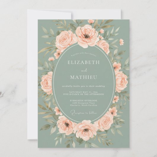 Invitation Mariage Fleurissant Vert Sauge (Devant)