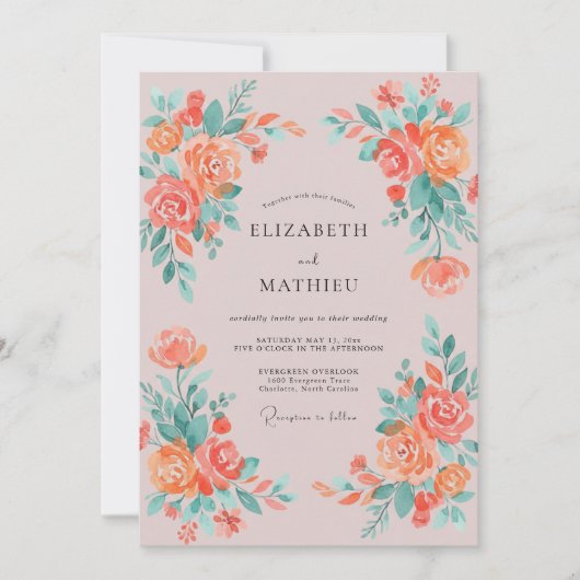 Invitation Mariage Fleurissement Impressionniste de Corail (Devant)