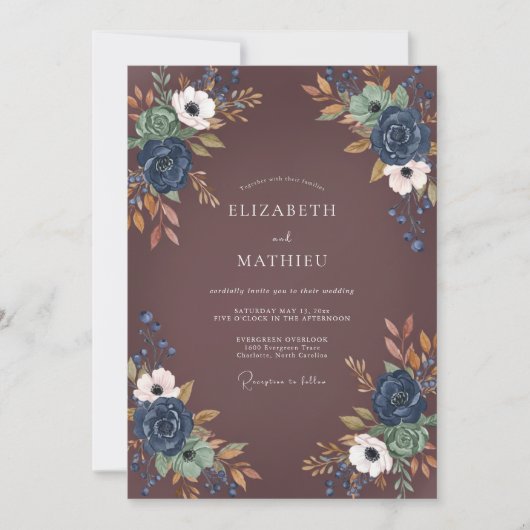 Invitation Mariage Fleuriste Navy Or Prune (Devant)