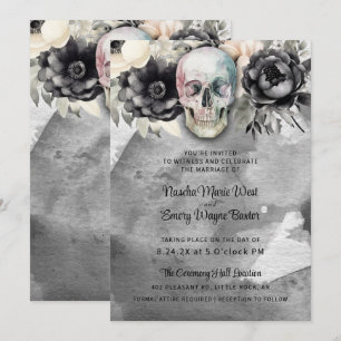 Invitation Mariage Fleuriste Noir de Pivoine et Crâne Gothiqu