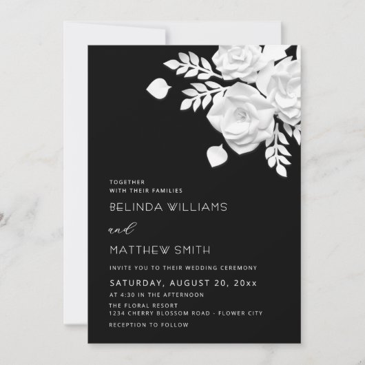 Invitation Mariage Fleurs 3D Noir Et Blanc (Devant)