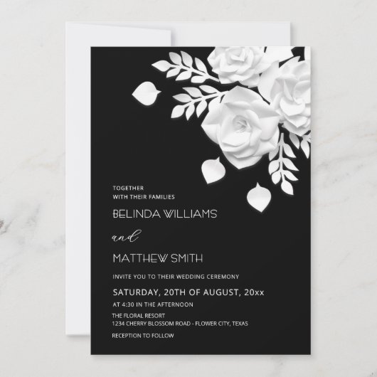 Invitation Mariage Fleurs 3D Noir Et Blanc  (Devant)