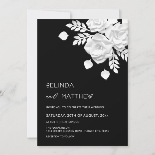 Invitation Mariage Fleurs 3D Noir Et Blanc (Devant)