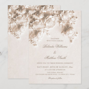 Invitation Mariage Fleurs 3D Sculptées Crème Ivoire Roses