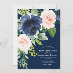 Invitation Mariage Fleurs Aquarelle Bleu Nuit Rose Doré