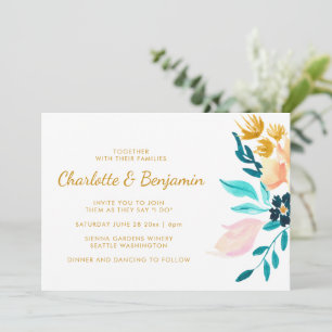 Invitation Mariage Fleurs Aquarelle Bohème Sarcelle et Or