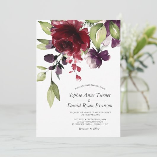 Invitation Mariage Fleurs Aquarelle Violet Bourgogne Unique (Debout devant)