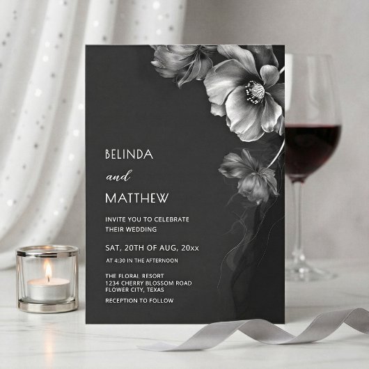 Invitation Mariage Fleurs Argent Noir Et Blanc