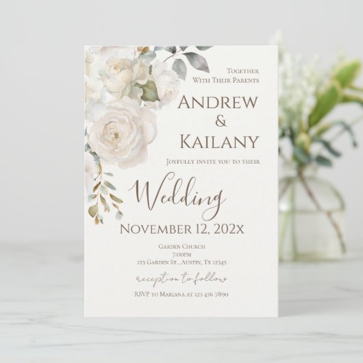Invitation Mariage Fleurs Beige (Debout devant)