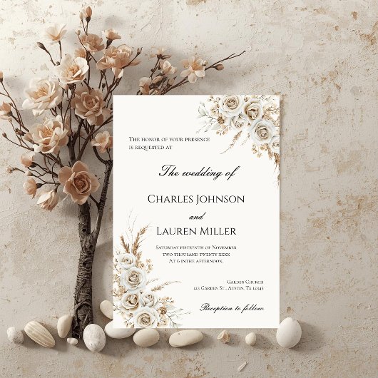 Invitation Mariage Fleurs Beige