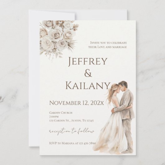 Invitation Mariage Fleurs Beige (Devant)