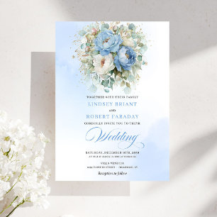 Invitation Mariage Fleurs Blanches Bleu Poussiéreux Or Sans T