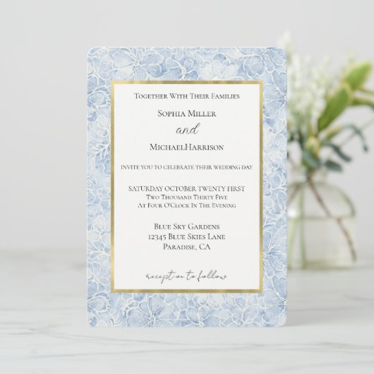 Invitation Mariage Fleurs Blanches Bleues Joli (Debout devant)