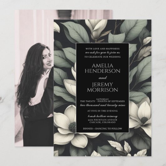 Invitation Mariage Fleurs Blanches et Verdure (Devant / Derrière)