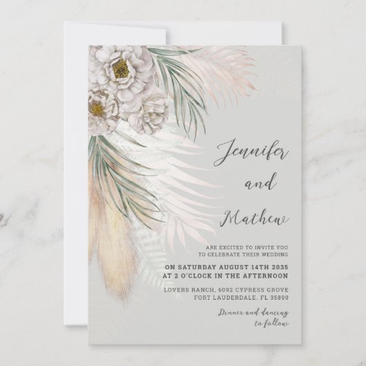 Invitation Mariage Fleurs Blanches & Herbe de Pampas Vert Rus (Devant)