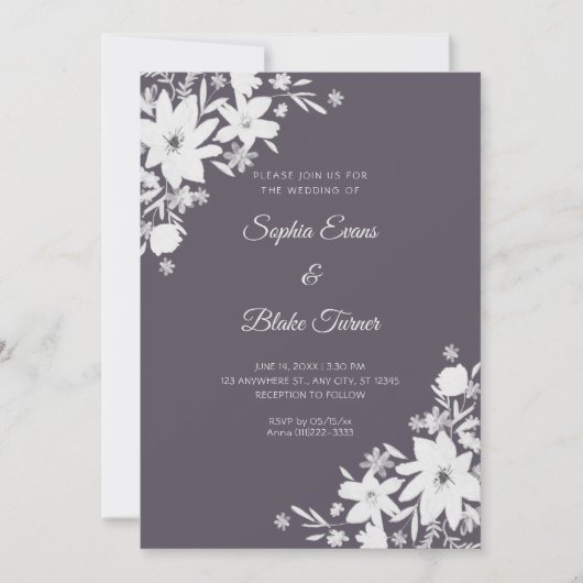 Invitation Mariage Fleurs Blanches Romantiques Fumée Grise (Devant)