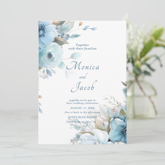 Invitation Mariage Fleurs bleu clair (Debout devant)
