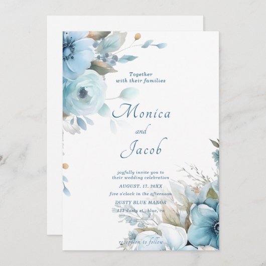 Invitation Mariage Fleurs bleu clair (Devant / Derrière)