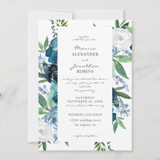 Invitation Mariage Fleurs Bleu Poussiéreux 2 (Devant)