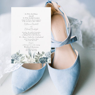 Invitation Mariage Fleurs Bleu Poussiéreux Deux Parents Blanc