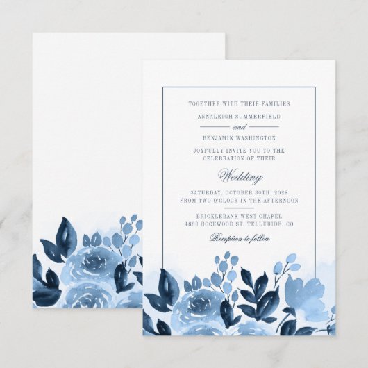 Invitation Mariage Fleurs Bleues Aquarelle Moderne (Devant / Derrière)