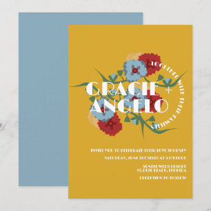 Invitation Mariage Fleurs Bleues Moutarde Mexicaine
