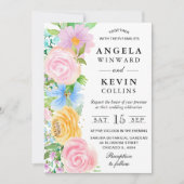 Invitation Mariage Fleurs Boho Rose Jaune et Bleu (Devant)
