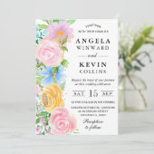 Invitation Mariage Fleurs Boho Rose Jaune et Bleu (Debout devant)