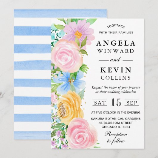 Invitation Mariage Fleurs Boho Rose Jaune et Bleu (Devant / Derrière)