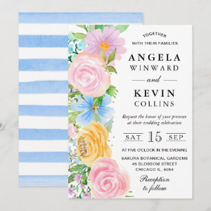 Invitation Mariage Fleurs Boho Rose Jaune et Bleu