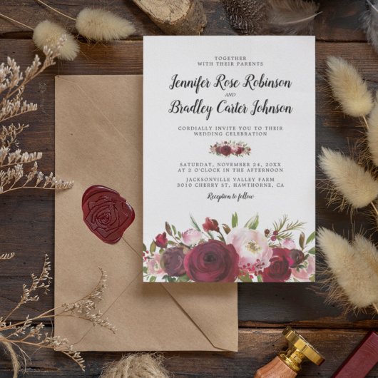 Invitation Mariage Fleurs Bourgogne Rouges Campagne