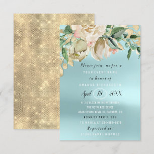 Invitation Mariage Fleurs Brunch Étincelle Or Bleu