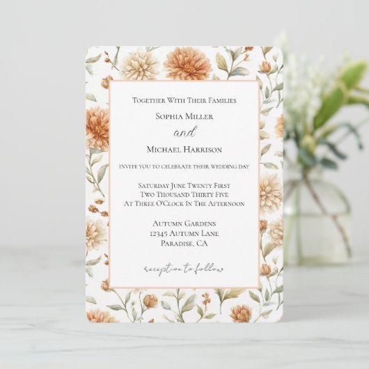Invitation Mariage Fleurs Crème Orange (Debout devant)