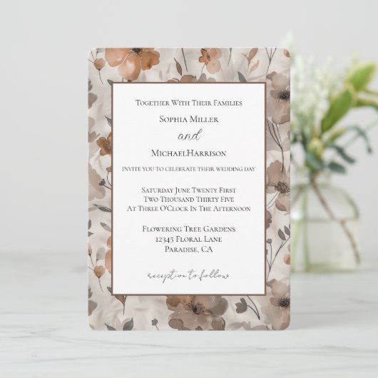 Invitation Mariage Fleurs Crème Orange Marron (Debout devant)