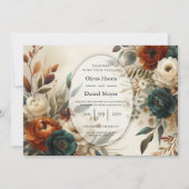 Invitation Mariage Fleurs d'Automne Orange Brûlé et Bleu (Devant)