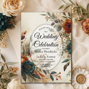 Invitation Mariage Fleurs d'Automne Orange Brûlé et Bleu