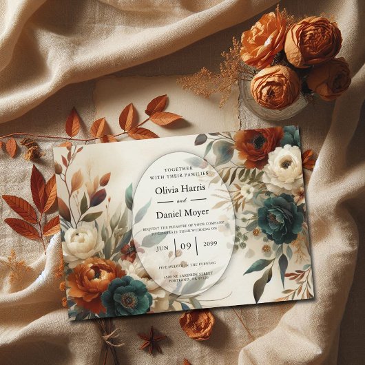 Invitation Mariage Fleurs d'Automne Orange Brûlé et Bleu